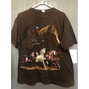 Vtg Quail Hollow wild Horses brown Graphic T Shirt 100% ring spun cotton mens XL